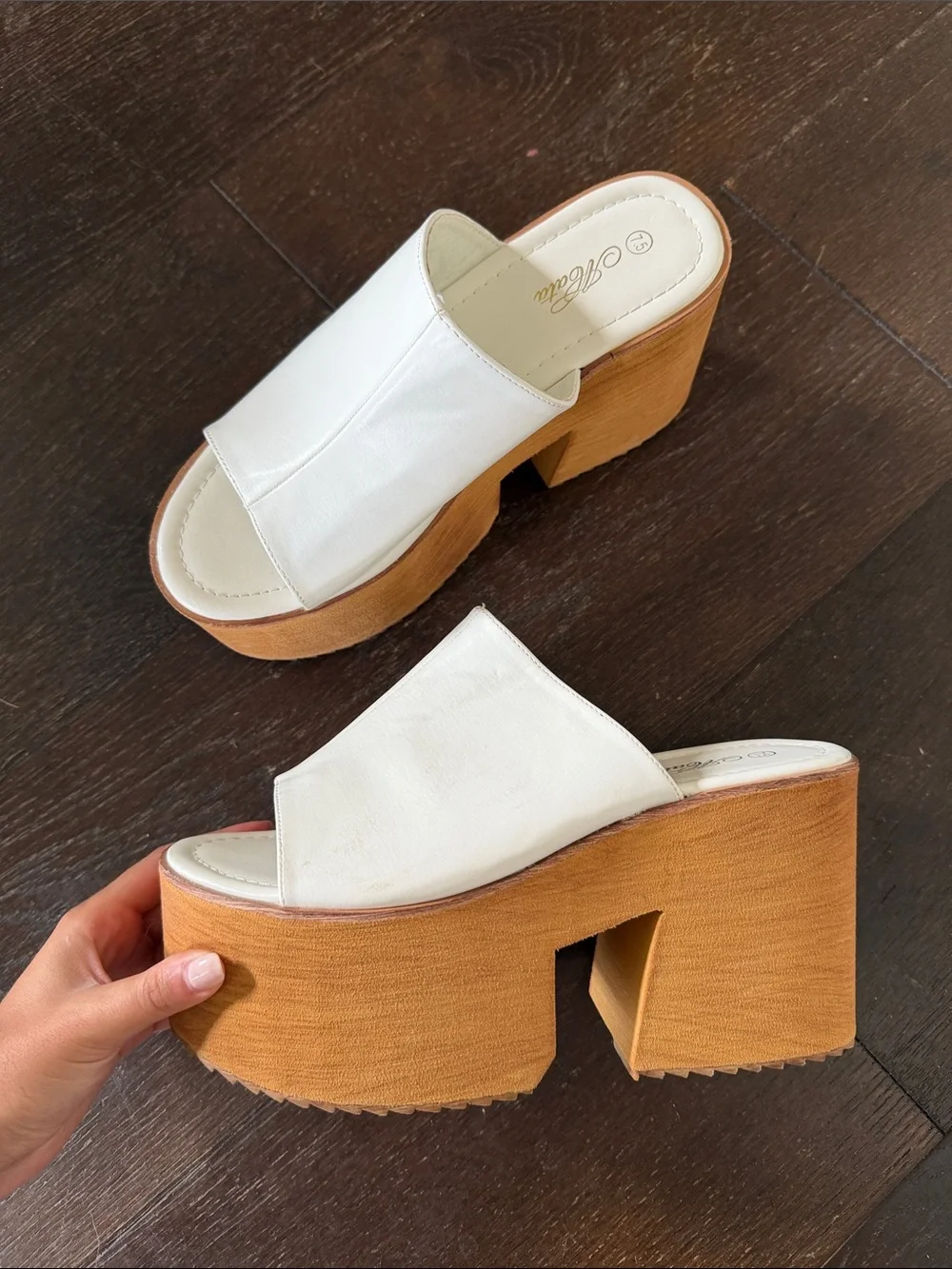 ACata White Platform Slide Sandals with Wood-Effect Wedge Size 7.5